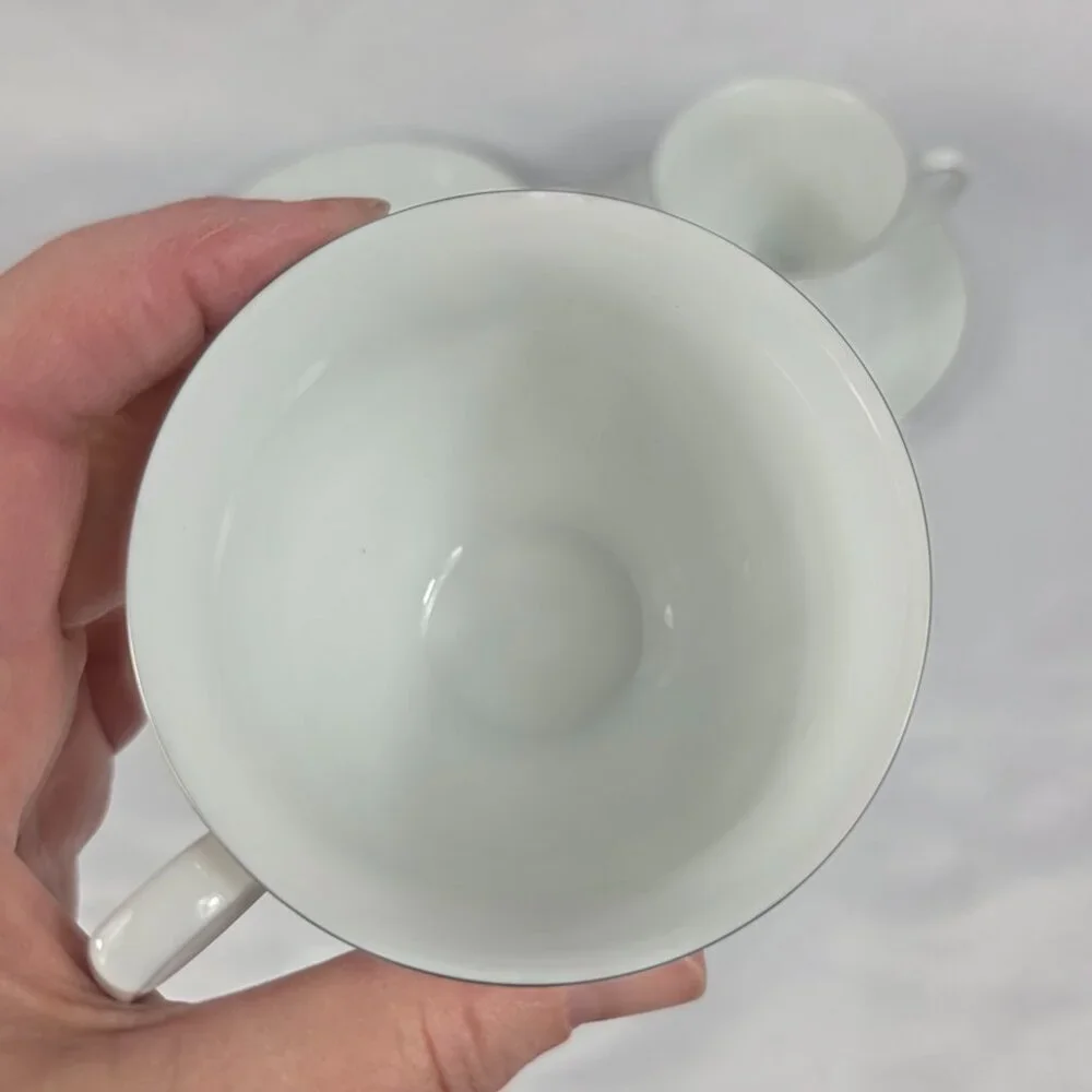 TWO (2) Mikasa Wedding Band Platinum Cup & Saucer Sets White Swirl Platinum Trim